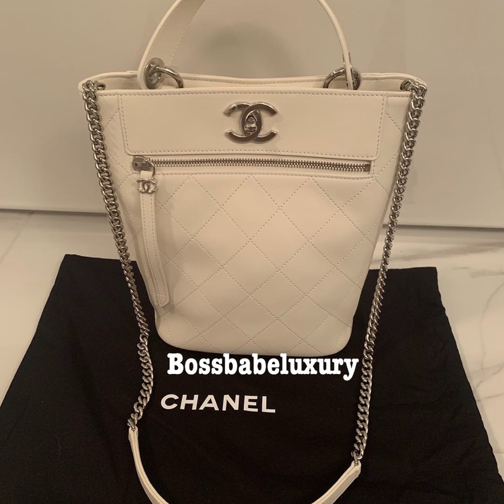 Chanel Sac Cordon top handle bucket quilted white leather silver hardware purse